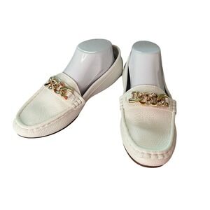 Rongen White Pebbled Leather Loafers Gold Rhinestone Chain Driving Mocs 41